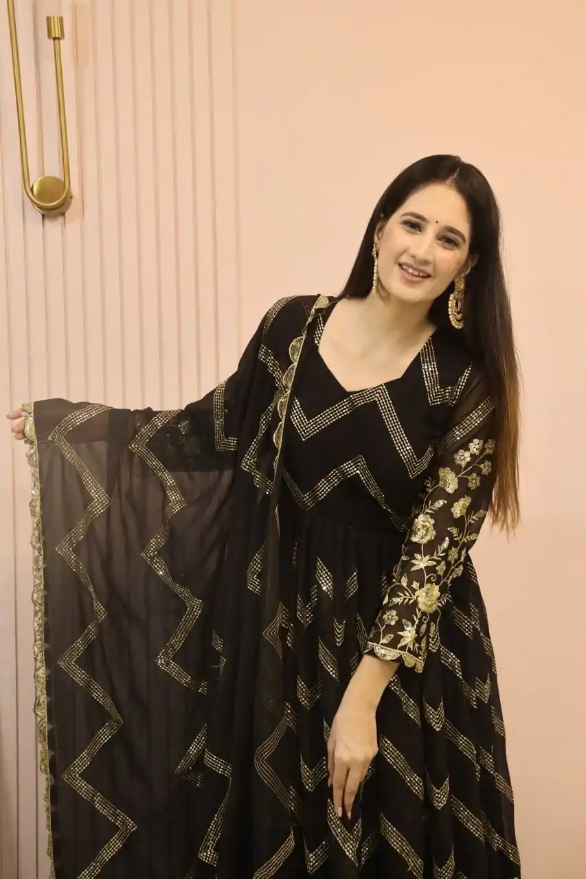 DC G51 Black Color Georgette Sequence Embroidery Gown Casual, Wedding, Party, Festive, Events Etc. Expected Delivery 4-6 Working Days @2099/- | Bollywood Gowns, Creative Gowns, Designer Gowns, Embroidered Gowns, Gowns, Saree Materials