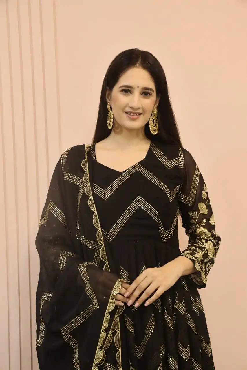 DC G51 Black Color Georgette Sequence Embroidery Gown Casual, Wedding, Party, Festive, Events Etc. Expected Delivery 4-6 Working Days @2099/- | Bollywood Gowns, Creative Gowns, Designer Gowns, Embroidered Gowns, Gowns, Saree Materials