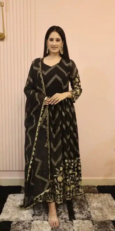 DC G51 Black Color Georgette Sequence Embroidery Gown Casual, Wedding, Party, Festive, Events Etc. Expected Delivery 4-6 Working Days @2099/- | Bollywood Gowns, Creative Gowns, Designer Gowns, Embroidered Gowns, Gowns, Saree Materials