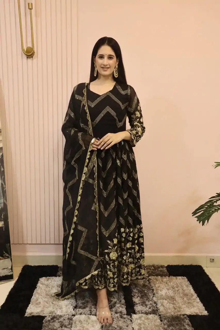 DC G51 Black Color Georgette Sequence Embroidery Gown Casual, Wedding, Party, Festive, Events Etc. Expected Delivery 4-6 Working Days @2099/- | Bollywood Gowns, Creative Gowns, Designer Gowns, Embroidered Gowns, Gowns, Saree Materials