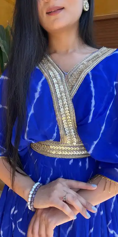 Ram 006 Royal Blue Color Fox Georgette Embroidery Lace Work Gown Casual, Wedding, Party, Festive, Events Etc. Expected Delivery 4-6 Working Days @1949/- | Bollywood Gowns, Creative Gowns, Designer Gowns, Embroidered Gowns, Gowns, Party Wear Gowns