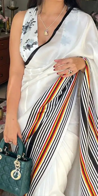  JM CLASS White Color Satin Silk Blouse Digital Print Saree, Party Wear, Events, Festivals Expected Delivery 4-6 Working Days 1549/- | Bollywood Sarees, Creative Sarees, Designer Sarees, Embroidered Sarees, Ethnic Saree, Modern Digital sarees, Party Wear Sarees, Sarees