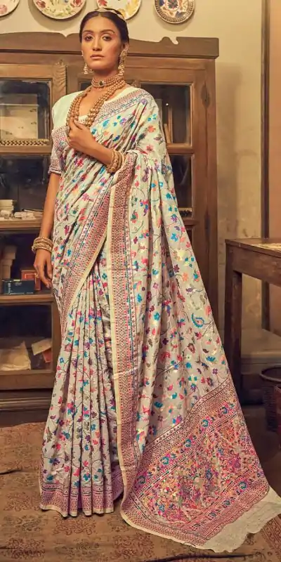 DDF 502 Cream Color Kashmiri Running Thread Zari Work Saree Casual, Party Wear, Events, Festivals Etc. Expected Delivery 4-6 Working Days 2399/- | Bollywood Sarees, Creative Sarees, Designer Sarees, Embroidered Sarees, Ethnic Saree, Modern Digital sarees, Party Wear Sarees, Sarees