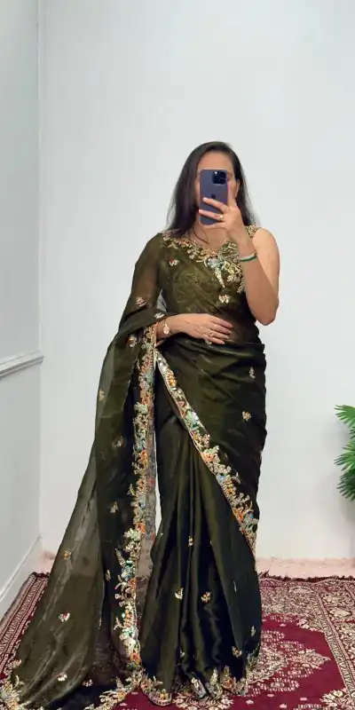 ST 472 Mehndi Color Burberry With Blooming Embroidery Saree Casual, Wedding, Party, Festive, Events Etc. Expected Delivery 4-6 Working Days @1999/- | Bollywood Sarees, Creative Sarees, Designer Sarees, Embroidered Sarees, Ethnic Saree, Modern Digital sarees, Party Wear Sarees, Sarees