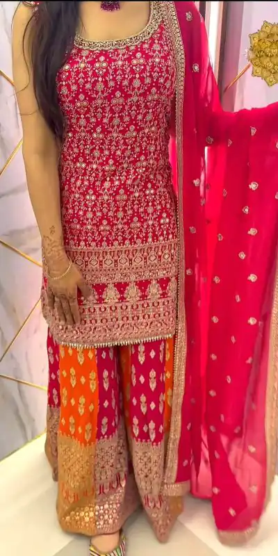 SR 1609 Pink Georgette Embroidery Sequence Rivet Moti Work Sharara Suit Wedding, Party, Festive, Events Etc.   Expected Delivery 4-6 Working Days @2249/- | Jump Suits, Casual Suits, Creative suits, Designer Suits, Palazzo Suits, Party Wear Suits, Patiala Suits, Salwar suit, Straight Suits