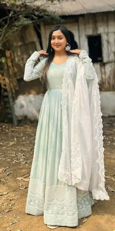 DC G47 Pista Green Color Georgette Embroidery Sequence Gown Casual, Wedding, Party, Festive, Events Etc. Expected Delivery 4-6 Working Days @2449/- | Bollywood Gowns, Creative Gowns, Designer Gowns, Embroidered Gowns, Gowns, Party Wear Gowns