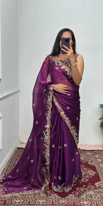 ST 472 Purple Color Burberry With Blooming Embroidery Saree Casual, Wedding, Party, Festive, Events Etc. Expected Delivery 4-6 Working Days @1999/- | Bollywood Sarees, Creative Sarees, Designer Sarees, Embroidered Sarees, Ethnic Saree, Modern Digital sarees, Party Wear Sarees, Sarees