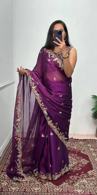 ST 472 Purple Color Burberry With Blooming Embroidery Saree Casual, Wedding, Party, Festive, Events Etc. Expected Delivery 4-6 Working Days @1999/- | Bollywood Sarees, Creative Sarees, Designer Sarees, Embroidered Sarees, Ethnic Saree, Modern Digital sarees, Party Wear Sarees, Sarees