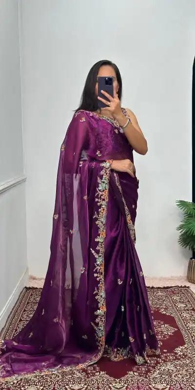ST 472 Purple Color Burberry With Blooming Embroidery Saree Casual, Wedding, Party, Festive, Events Etc. Expected Delivery 4-6 Working Days @1999/- | Bollywood Sarees, Creative Sarees, Designer Sarees, Embroidered Sarees, Ethnic Saree, Modern Digital sarees, Party Wear Sarees, Sarees