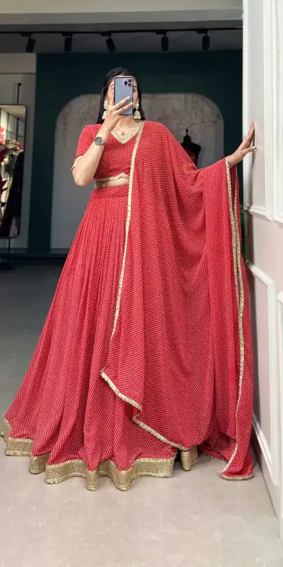 LNB 1212 Red Color Georgette Print With Lace Border Lehenga Choli Festive Party Wedding, Events etc. Delivery 4-6 Working Days @2149/- | Bollywood Lehenga, Creative Lehenga, Designer Lehenga, Embroidered Lehenga, Lehenga, Party Wear Lehenga