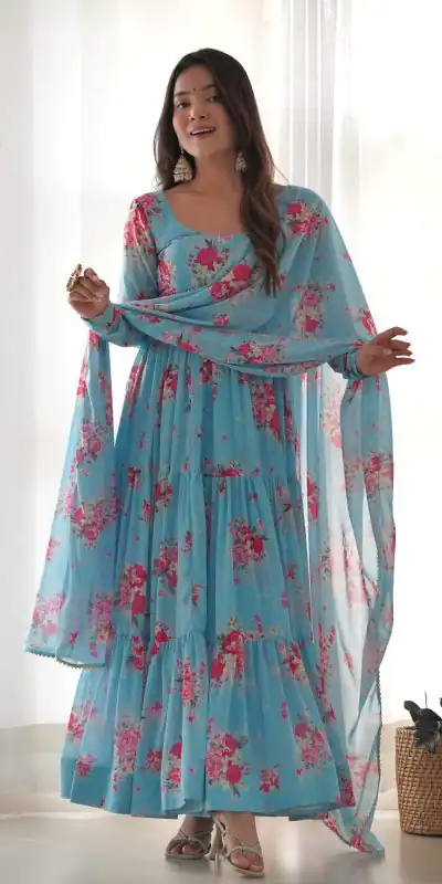 KB 268 Blue color Pure Soft Faux Georgette Floral Printed Anarkali Suit Casual, Wedding, Party, Festive, Events . Expected Delivery 4-6 Working Days @1999 | Anarkali Suits, Bollywood Anarkali, Creative-Anarkali, Designer Anarkali, Embroidered Anarkali, Party Wear Anarkali