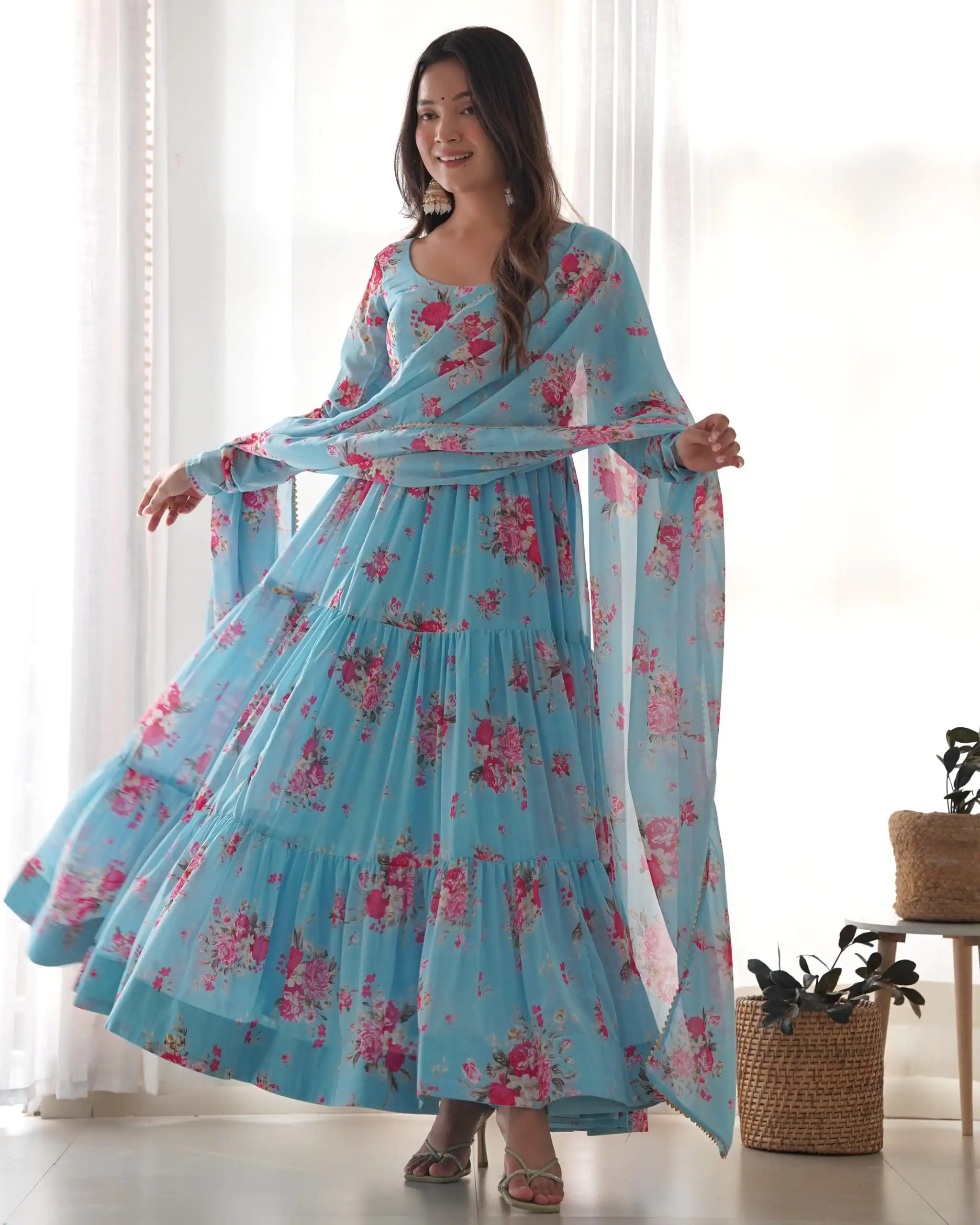 KB 268 Blue color Pure Soft Faux Georgette Floral Printed Anarkali Suit Casual, Wedding, Party, Festive, Events . Expected Delivery  4-6 Working Days @1999 | Anarkali Suits, Bollywood Anarkali, Creative-Anarkali, Designer Anarkali, Embroidered Anarkali, Party Wear Anarkali