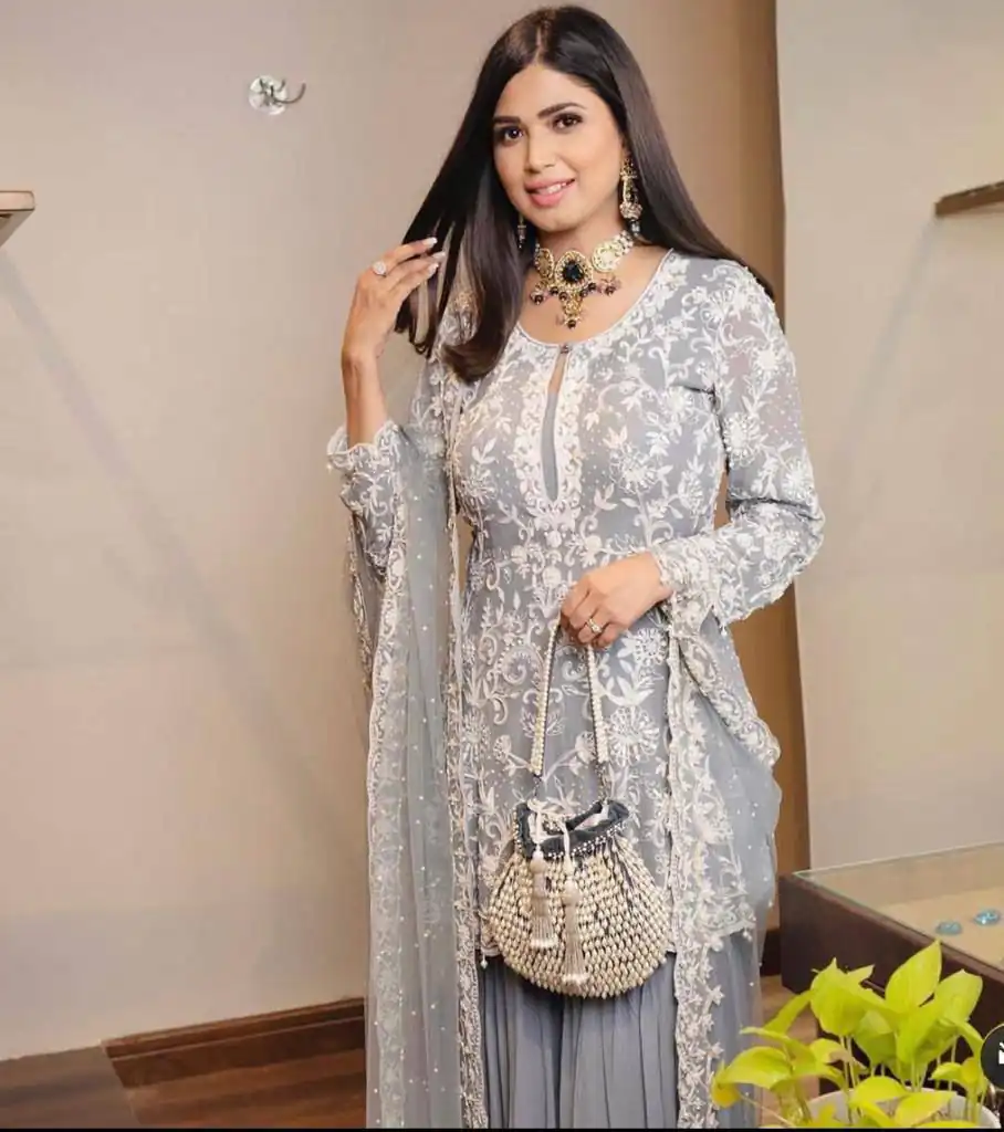 SR 1432 Blue Grey Color Heavy Georgette Embroidery Work Sharara Suit Wedding, Party, Festive, Events Etc. Expected Delivery 4-6 Working Days @1999 | Casual Suits, Creative suits, Designer Suits, Palazzo Suits, Party Wear Suits, Salwar suit, Straight Suits