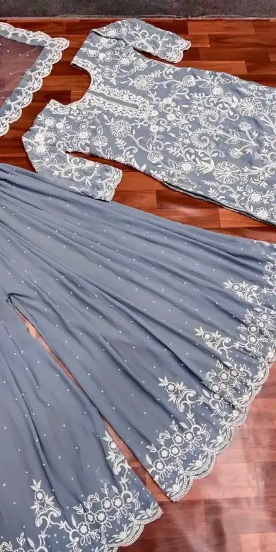 SR 1432 Blue Grey Color Heavy Georgette Embroidery Work Sharara Suit Wedding, Party, Festive, Events Etc. Expected Delivery 4-6 Working Days @1999 | Casual Suits, Creative suits, Designer Suits, Palazzo Suits, Party Wear Suits, Salwar suit, Straight Suits