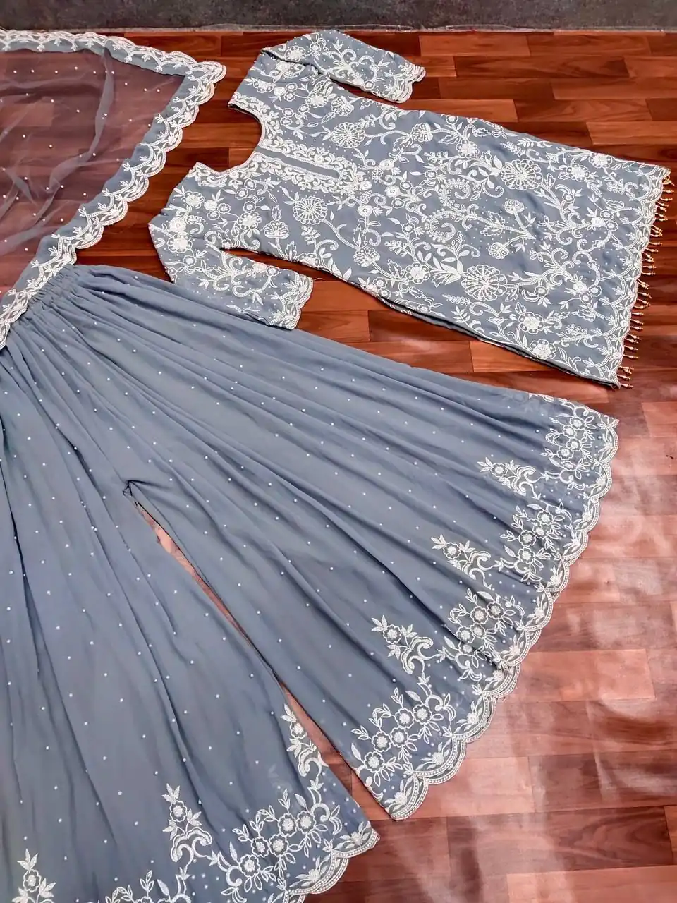 SR 1432 Blue Grey Color Heavy Georgette Embroidery Work Sharara Suit Wedding, Party, Festive, Events Etc. Expected Delivery 4-6 Working Days @1999 | Casual Suits, Creative suits, Designer Suits, Palazzo Suits, Party Wear Suits, Salwar suit, Straight Suits