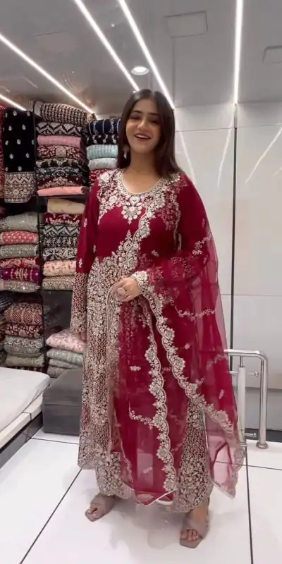 KD 1460 Red Color Faux Georgette Thread Sequence Work Salwar Suit Casual, Party, Wedding, Festive, Events Etc.  Expected Delivery 4-6 Working Days @2849/- | Casual Suits, Creative suits, Designer Suits, Palazzo Suits, Party Wear Suits, Patiala Suits, Salwar suit, Straight Suits