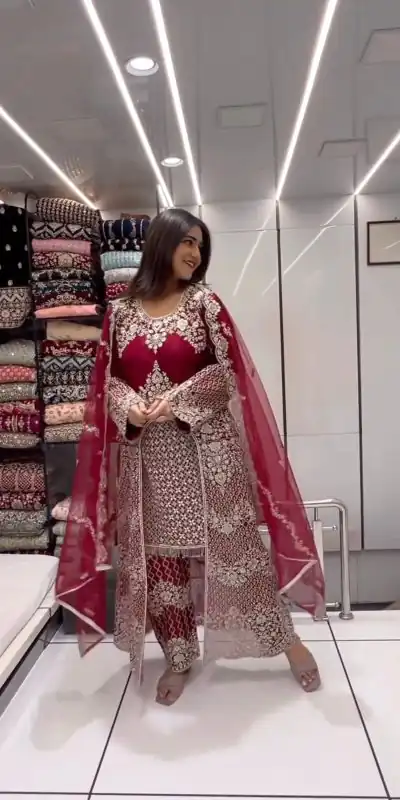 KD 1460 Red Color Faux Georgette Thread Sequence Work Salwar Suit Casual, Party, Wedding, Festive, Events Etc.  Expected Delivery 4-6 Working Days @2849/- | Casual Suits, Creative suits, Designer Suits, Palazzo Suits, Party Wear Suits, Patiala Suits, Salwar suit, Straight Suits