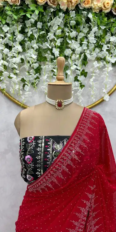 KD 443 Red Color Heavy Faux Georgette Hot Fix Work Saree Casual, Party, Wedding, Festive, Events Etc.  Expected Delivery  4-6 Working Days @1999/- Only | Bollywood Sarees, Creative Sarees, Designer Sarees, Embroidered Sarees, Ethnic Saree, Modern Digital sarees, Party Wear Sarees, Sarees