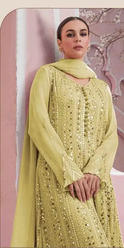 DS 001255 Yellow  color Georgette Embroidered Sequence Salwar Suit Casual, Wedding, Party, Festive, Events . Expected Delivery  4-6 Working Days @1999/- | Casual Suits, Creative suits, Designer Suits, Palazzo Suits, Party Wear Suits, Patiala Suits, Salwar suit, Straight Suits