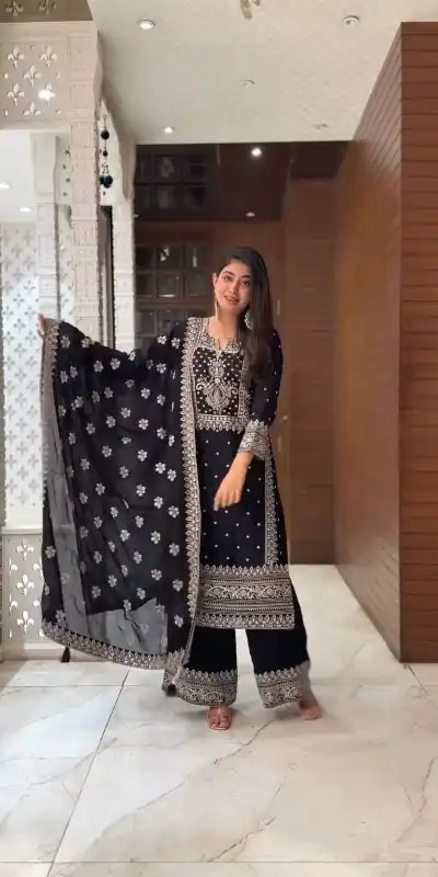 VLM 183 Black Color Chinnon Silk Embroidery Work Salwar Suit Wedding, Party, Festive, Events Expected Delivery 4-6 Working Days @ 2149/- Only | Casual Suits, Creative suits, Designer Suits, Party Wear Suits, Salwar suit, Straight Suits