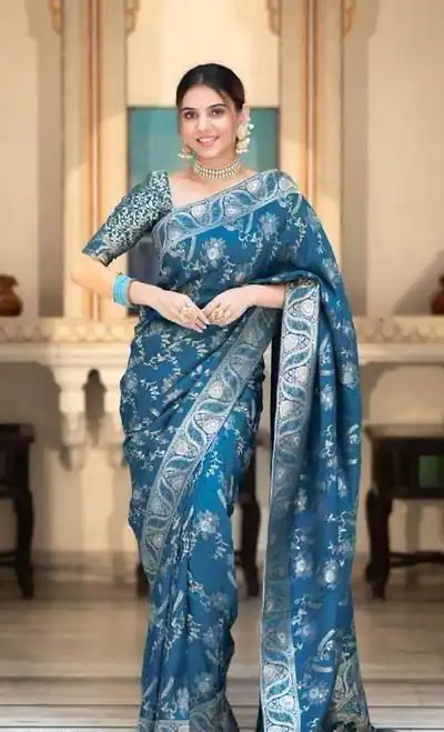 KP 5072 Blue Color Soft Lichi Silk Jacquard On All Over Saree Casual, Party Wear, Wedding, Events Etc. Expected Delivery 4-6 Working Days @1499/- | Bollywood Sarees, Creative Sarees, Designer Sarees, Embroidered Sarees, Ethnic Saree, Modern Digital sarees, Party Wear Sarees, Sarees