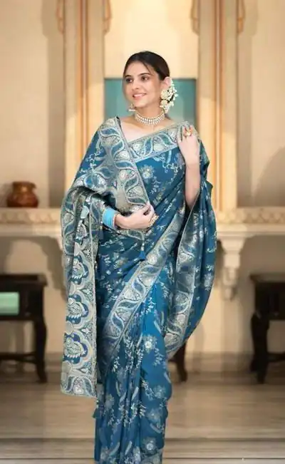 KP 5072 Blue Color Soft Lichi Silk Jacquard On All Over Saree Casual, Party Wear, Wedding, Events Etc. Expected Delivery 4-6 Working Days @1499/- | Bollywood Sarees, Creative Sarees, Designer Sarees, Embroidered Sarees, Ethnic Saree, Modern Digital sarees, Party Wear Sarees, Sarees