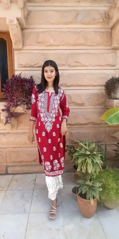 RTC 5650 Red Color Rayon Chine Stitched Work Salwar Suit Casual, Wedding, Festive, Events Etc. Expected Delivery 4-6 Working Days @1599/- | Jump Suits, Casual Suits, Creative suits, Designer Suits, Palazzo Suits, Party Wear Suits, Patiala Suits, Salwar suit, Straight Suits