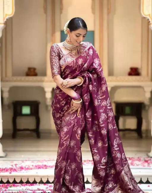 KP 5072B Wine Color Soft Lichi Silk Jacquard On All Over Saree Casual, Party Wear, Wedding, Events Etc. Expected Delivery 4-6 Working Days @1499/- | Bollywood Sarees, Creative Sarees, Designer Sarees, Embroidered Sarees, Ethnic Saree, Modern Digital sarees, Party Wear Sarees, Sarees