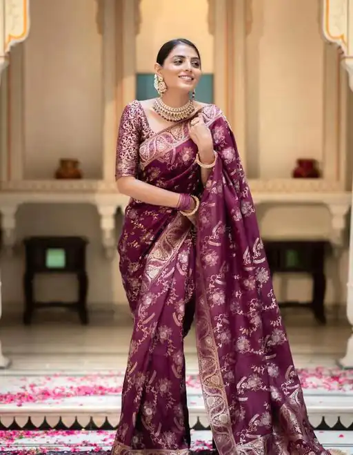 KP 5072B Wine Color Soft Lichi Silk Jacquard On All Over Saree Casual, Party Wear, Wedding, Events Etc. Expected Delivery 4-6 Working Days @1499/- | Bollywood Sarees, Creative Sarees, Designer Sarees, Embroidered Sarees, Ethnic Saree, Modern Digital sarees, Party Wear Sarees, Sarees