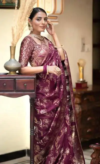 KP 5072B Wine Color Soft Lichi Silk Jacquard On All Over Saree Casual, Party Wear, Wedding, Events Etc. Expected Delivery 4-6 Working Days @1499/- | Bollywood Sarees, Creative Sarees, Designer Sarees, Embroidered Sarees, Ethnic Saree, Modern Digital sarees, Party Wear Sarees, Sarees