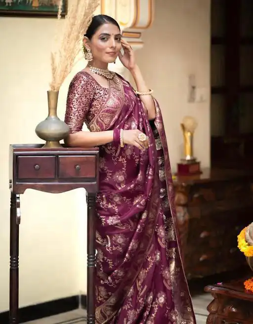 KP 5072B Wine Color Soft Lichi Silk Jacquard On All Over Saree Casual, Party Wear, Wedding, Events Etc. Expected Delivery 4-6 Working Days @1499/- | Bollywood Sarees, Creative Sarees, Designer Sarees, Embroidered Sarees, Ethnic Saree, Modern Digital sarees, Party Wear Sarees, Sarees