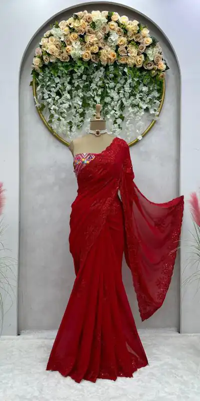 KD 443 Red Color Faux Georgette Thread With Sequence Saree Casual, Party, Wedding, Festive, Events Etc.  Expected Delivery  4-6 Working Days @1799/- Only | Bollywood Sarees, Creative Sarees, Designer Sarees, Embroidered Sarees, Ethnic Saree, Modern Digital sarees, Party Wear Sarees, Sarees