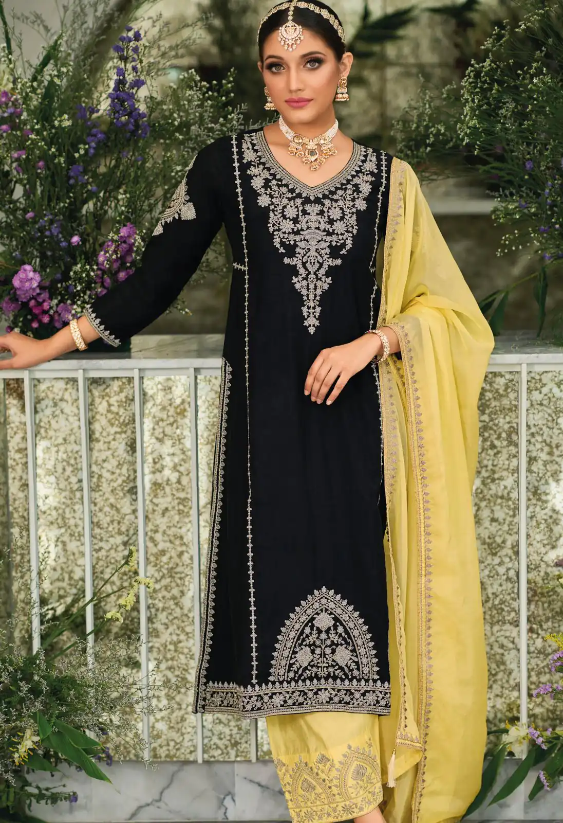 KF 1635 Black  Top : Georgette Chine Stitched Work Salwar Suit Wedding, Party, Festive, Events Etc.  Expected Delivery 4-6 Working Days @2049/-Only | Casual Suits, Creative suits, Designer Suits, Palazzo Suits, Party Wear Suits, Salwar suit, Straight Suits