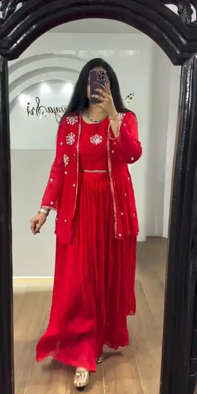 PC 365 Red Color Georgette Embroidery With Shrug Lehenga Choli Casual, Party Wear, Events, Festivals Wear Etc. Expected Delivery 4-6 Working Days @2029/- | Bollywood Lehenga, Creative Lehenga, Designer Lehenga, Embroidered Lehenga, Lehenga, Party Wear Lehenga