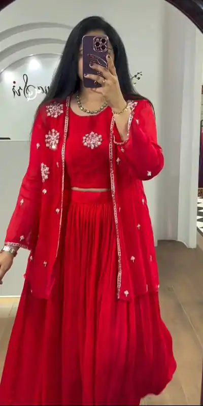 PC 365 Red Color Georgette Embroidery With Shrug Lehenga Choli Casual, Party Wear, Events, Festivals Wear Etc. Expected Delivery 4-6 Working Days @2029/- | Bollywood Lehenga, Creative Lehenga, Designer Lehenga, Embroidered Lehenga, Lehenga, Party Wear Lehenga