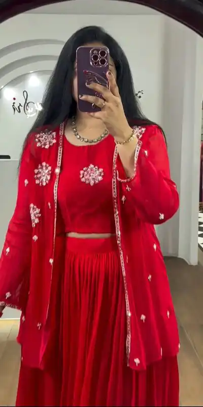 PC 365 Red Color Georgette Embroidery With Shrug Lehenga Choli Casual, Party Wear, Events, Festivals Wear Etc. Expected Delivery 4-6 Working Days @2029/- | Bollywood Lehenga, Creative Lehenga, Designer Lehenga, Embroidered Lehenga, Lehenga, Party Wear Lehenga