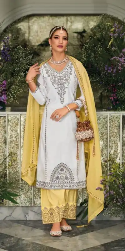 KF 1635 White Top : Georgette Chine Stitched Work Salwar Suit Wedding, Party, Festive, Events Etc.  Expected Delivery 4-6 Working Days @2049/-Only | Casual Suits, Creative suits, Designer Suits, Palazzo Suits, Party Wear Suits, Salwar suit, Straight Suits