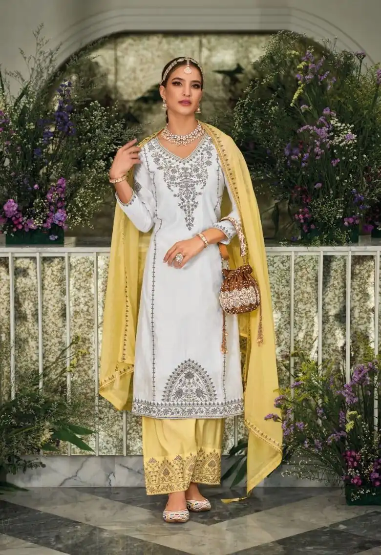 KF 1635 White Top : Georgette Chine Stitched Work Salwar Suit Wedding, Party, Festive, Events Etc.  Expected Delivery 4-6 Working Days @2049/-Only | Casual Suits, Creative suits, Designer Suits, Palazzo Suits, Party Wear Suits, Salwar suit, Straight Suits