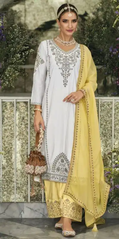 KF 1635 White Top : Georgette Chine Stitched Work Salwar Suit Wedding, Party, Festive, Events Etc.  Expected Delivery 4-6 Working Days @2049/-Only | Casual Suits, Creative suits, Designer Suits, Palazzo Suits, Party Wear Suits, Salwar suit, Straight Suits