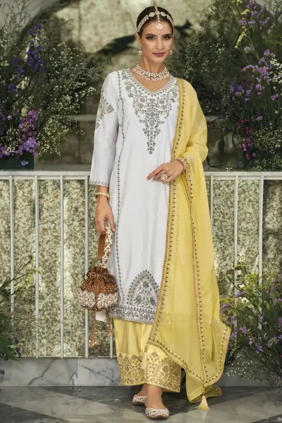 KF 1635 White Top : Georgette Chine Stitched Work Salwar Suit Wedding, Party, Festive, Events Etc.  Expected Delivery 4-6 Working Days @2049/-Only | Casual Suits, Creative suits, Designer Suits, Palazzo Suits, Party Wear Suits, Salwar suit, Straight Suits