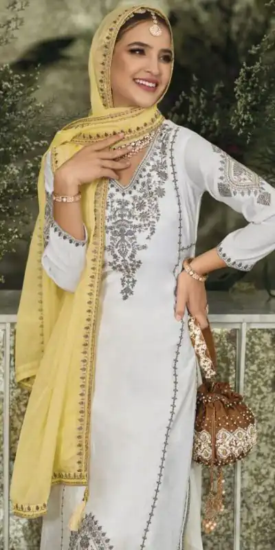 KF 1635 White Top : Georgette Chine Stitched Work Salwar Suit Wedding, Party, Festive, Events Etc. Expected Delivery 4-6 Working Days @2049/-Only | Casual Suits, Creative suits, Designer Suits, Palazzo Suits, Party Wear Suits, Salwar suit, Straight Suits