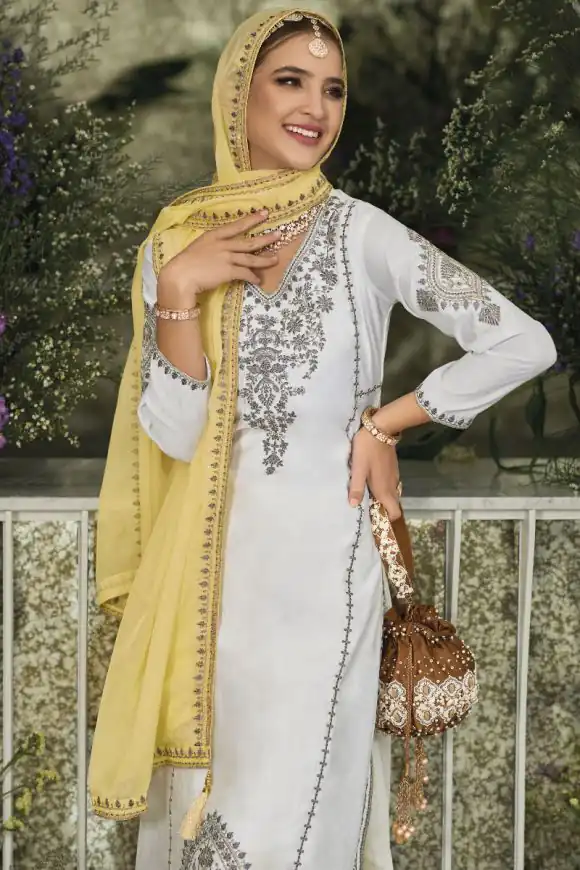 KF 1635 White Top : Georgette Chine Stitched Work Salwar Suit Wedding, Party, Festive, Events Etc.  Expected Delivery 4-6 Working Days @2049/-Only | Casual Suits, Creative suits, Designer Suits, Palazzo Suits, Party Wear Suits, Salwar suit, Straight Suits