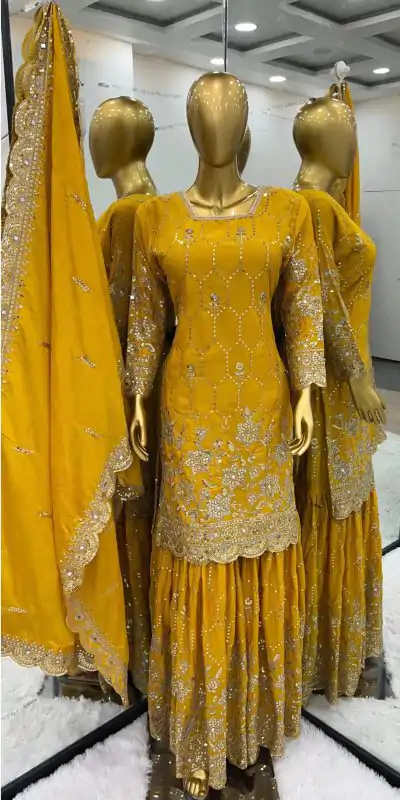 SR 1616 Yellow Color Heavy Chinnon Silk Embroidery Work Sharara Suit Wedding, Party, Festive, Events Etc. Expected Delivery 4-6 Working Days @2199Only | Casual Suits, Creative suits, Designer Suits, Palazzo Suits, Party Wear Suits, Salwar suit, Straight Suits
