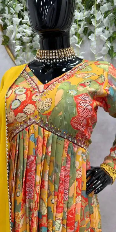 KD 1458 Yellow Color Muslin Digital Print With Hand Work Salwar Suit Casual, Party, Festive, Events Wedding Etc. Expected Delivery 4-6 Working Days @2049/- | Casual Suits, Creative suits, Designer Suits, Palazzo Suits, Party Wear Suits, Salwar suit, Straight Suits