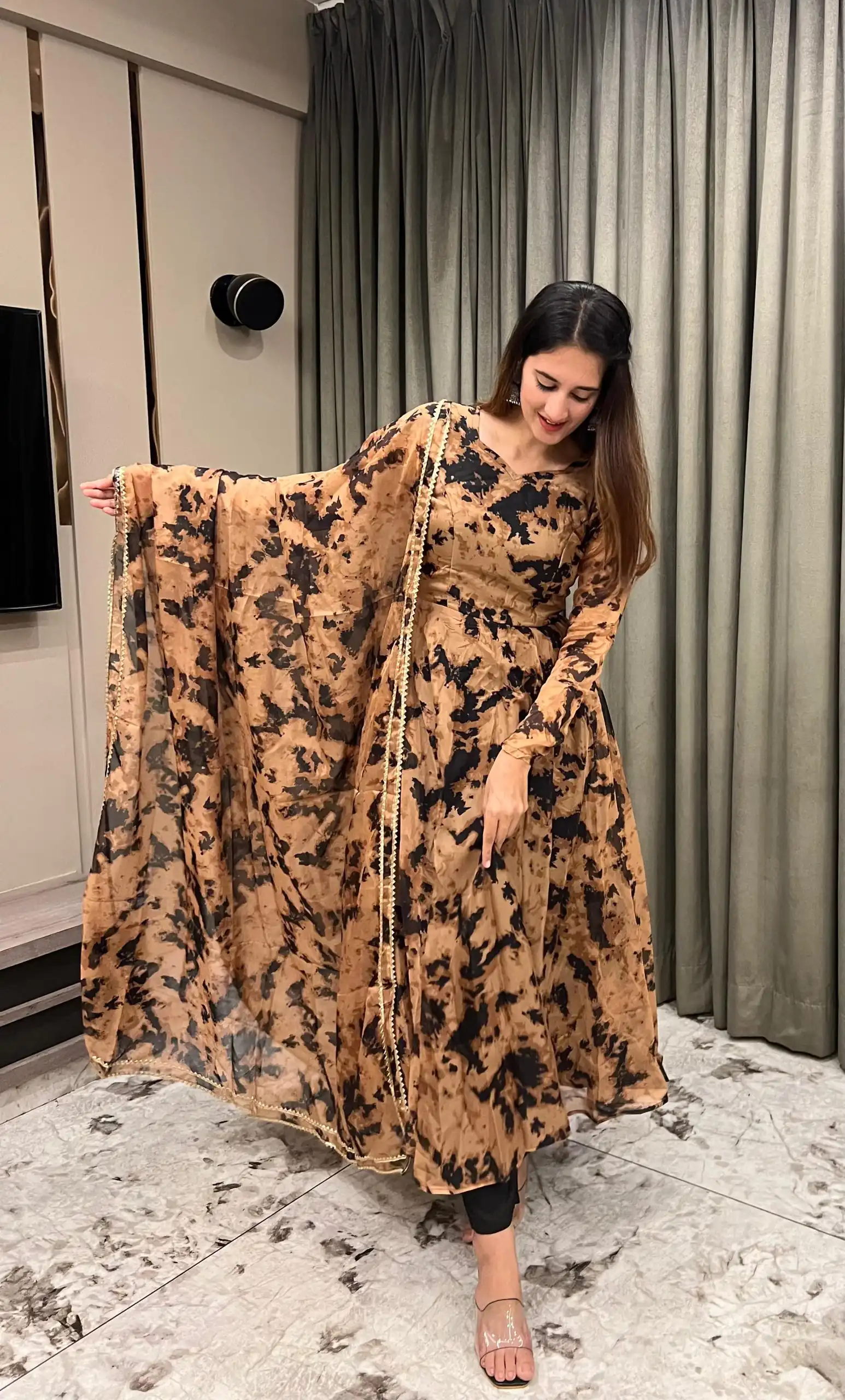 NF 1211 Chiku color Organza Digital Printed Anarkali Suit Casual, Wedding, Party, Festive, Events . Expected Delivery 4-6 Working Days @2249 | Anarkali Suits, Bollywood Anarkali, Creative-Anarkali, Designer Anarkali, Embroidered Anarkali, Party Wear Anarkali