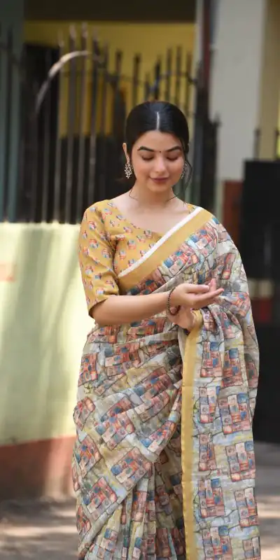 Veechis 111 Cream Color Linen Beautiful Digital Printed Work Saree Casual, Party Festive, Events. Expected Delivery 4-6 Working Days @1549/- | Bollywood Sarees, Creative Sarees, Designer Sarees, Embroidered Sarees, Modern Digital sarees, Party Wear Sarees, Sarees