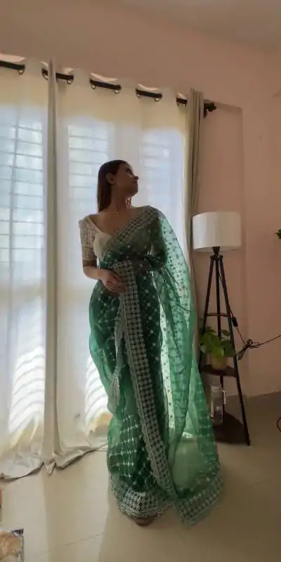   AC ARROW Green Color Organza Embroidery Thread Work Saree Casual, Wedding, Festive, Events Expected Delivery 4-6 Working Days @2099/- | Bollywood Sarees, Creative Sarees, Designer Sarees, Embroidered Sarees, Ethnic Saree, Modern Digital sarees, Party Wear Sarees, Sarees