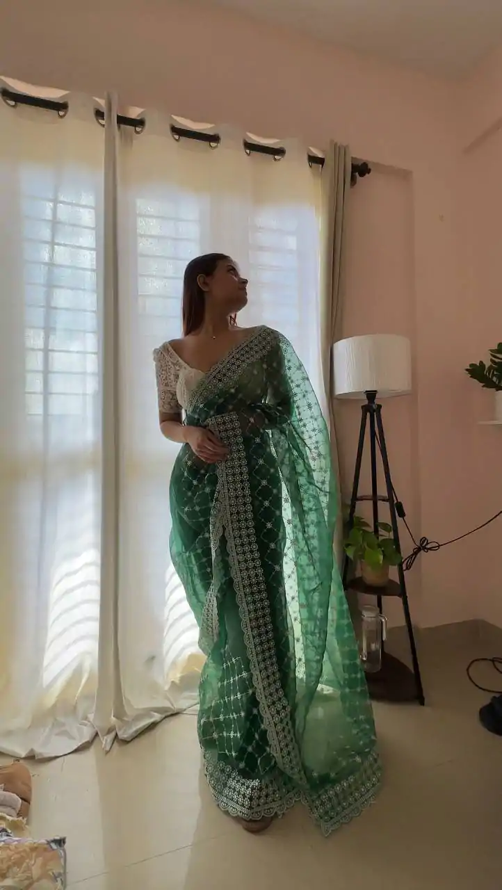   AC ARROW Green Color Organza Embroidery Thread Work Saree Casual, Wedding, Festive, Events Expected Delivery 4-6 Working Days @2099/- | Bollywood Sarees, Creative Sarees, Designer Sarees, Embroidered Sarees, Ethnic Saree, Modern Digital sarees, Party Wear Sarees, Sarees