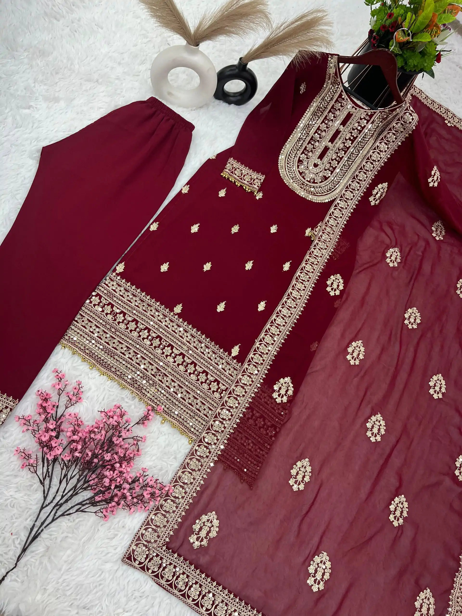 SRK 5162 Maroon Color Faux Georgette Embroidery Salwar Suit Wedding, Party, Festive, Events Expected Delivery 4-6 Working Days @ 1999/- | Casual Suits, Creative suits, Designer Suits, Palazzo Suits, Party Wear Suits, Patiala Suits, Salwar suit, Straight Suits