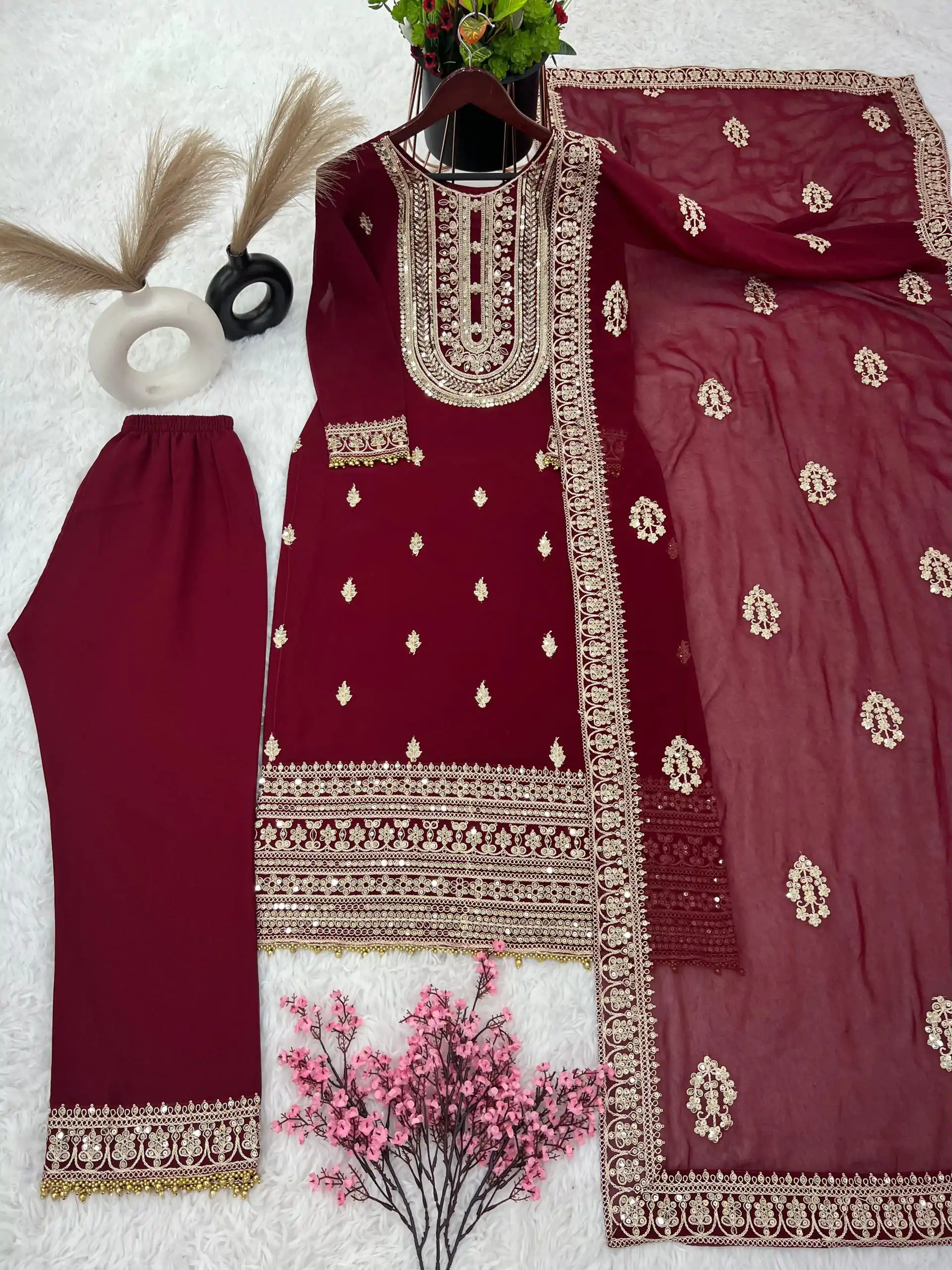 SRK 5162 Maroon Color Faux Georgette Embroidery Salwar Suit Wedding, Party, Festive, Events Expected Delivery 4-6 Working Days @ 1999/- | Casual Suits, Creative suits, Designer Suits, Palazzo Suits, Party Wear Suits, Patiala Suits, Salwar suit, Straight Suits
